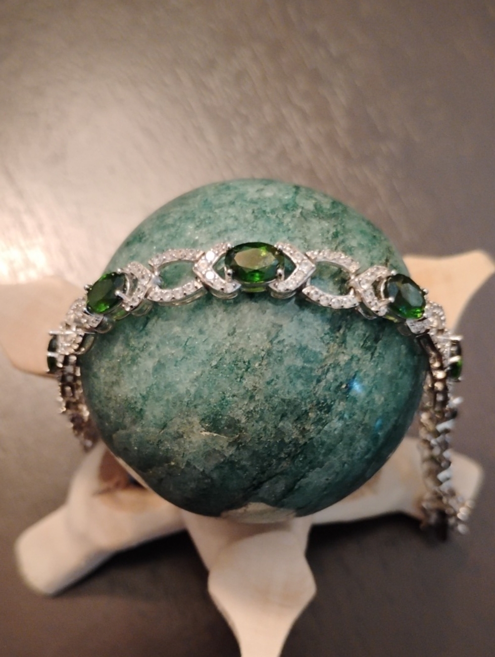 Natural Chrome Diopside & White Zircon Tennis Bracelet In 925 Sterling Silver